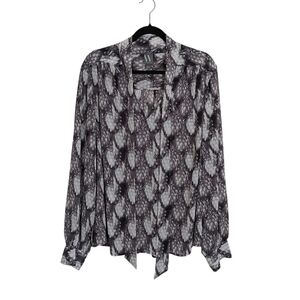Worthington Womens Split Tie Neck Long Sleeve Blouse Black/ White Feather 3X